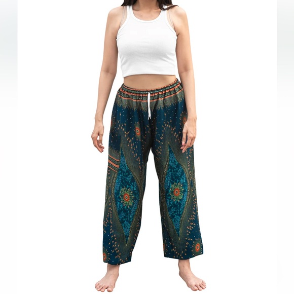 Majestic Peacock Boho Festival Hippie Indie Gypsy Harlem Palazzo Pants Green S M - Picture 14 of 14
